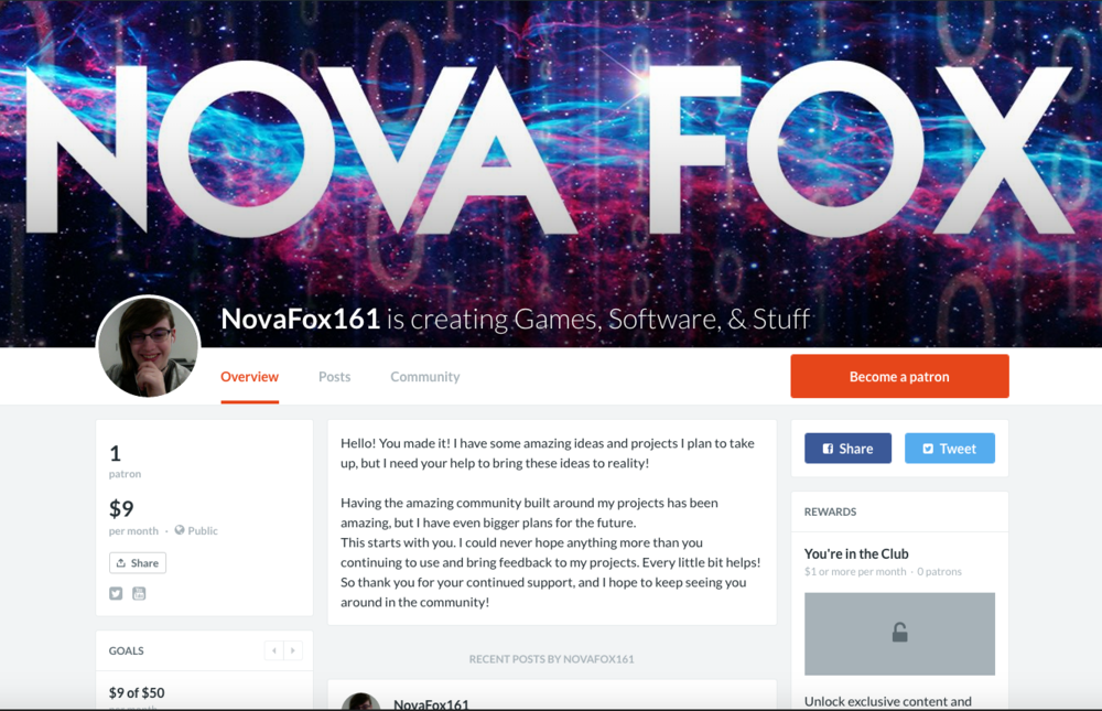 Screenshot of Nova's patreon page